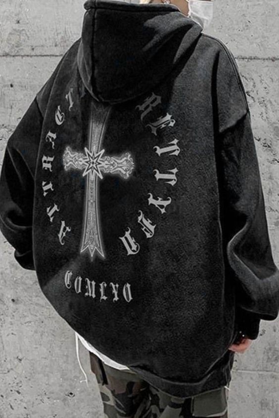 Washed Gothic Black Pullover Hoodie  …